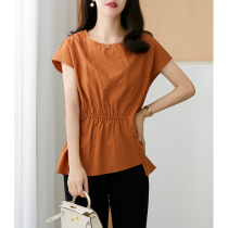 U Home short sleeve shirt Womens 2021 summer New loose waist cover meat solid color small shirt design sense ladies top