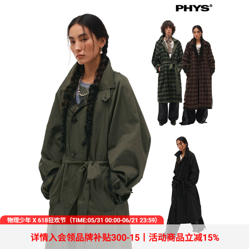 Physics Boy's Double-Sided Vintage Travel Style Reversible Plaid Lining Drop Shoulder Relaxed Fit Lapel Mid-Length Trench Coat