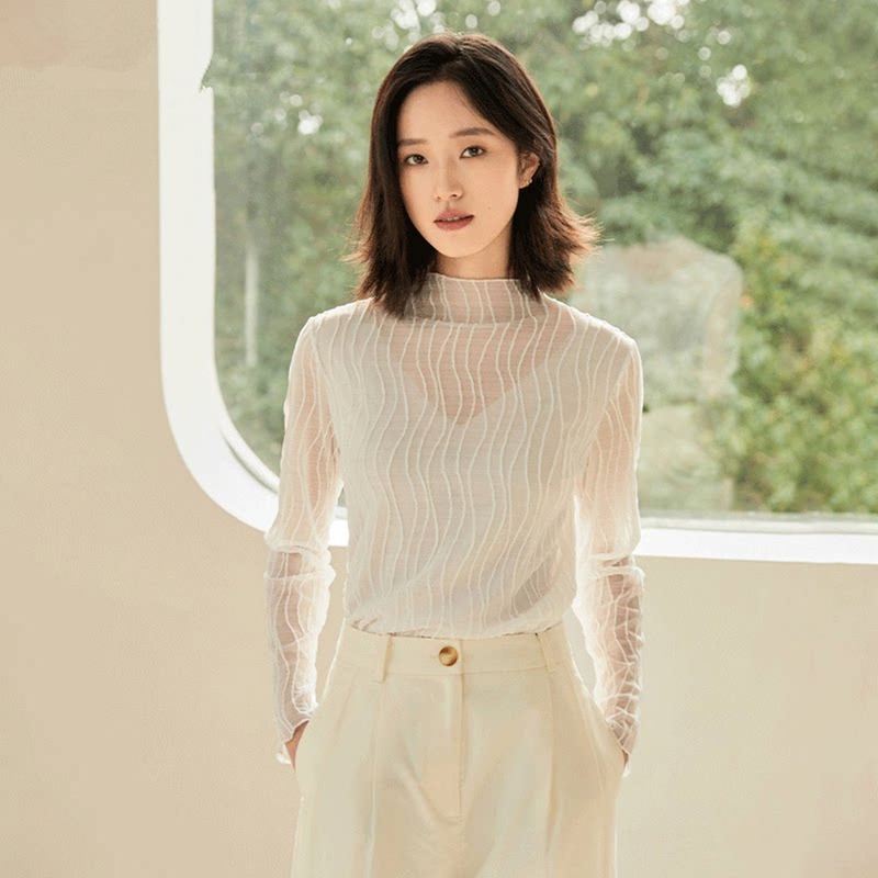 Lace Base Shirt for Women, Spring and Autumn, White Long-Sleeve Thin T-Shirt, Stylish French-Style Versatile Mesh Top
