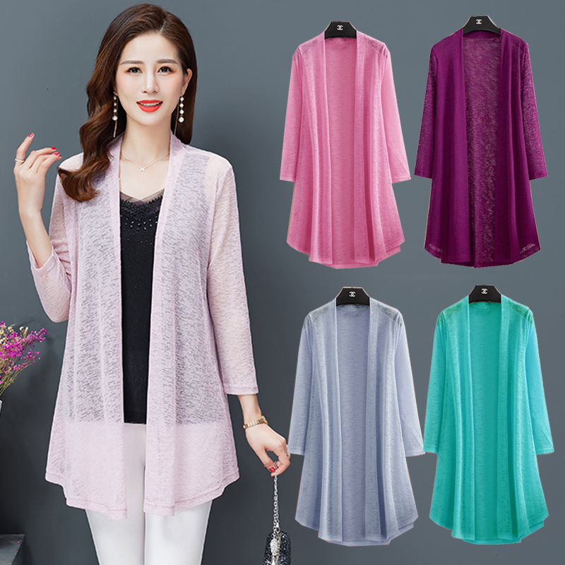 Middle-Aged Women's Spring and Summer Nine-Quarter Sleeve Top, Mid-Length Shawl, Thin and Stylish, Sun-Protective Outerwear, Cheongsam-Style Outerwear