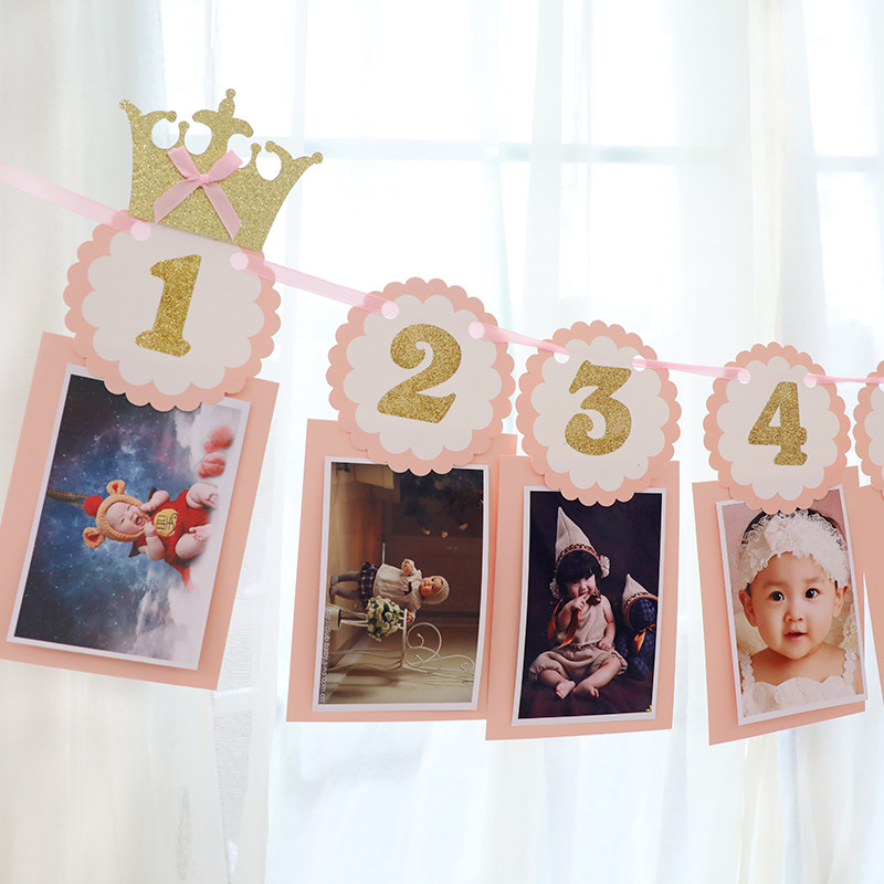 Birthday decoration party scene layout photo background wall one-year-old baby pulling flag 12-year-old memorial wall children