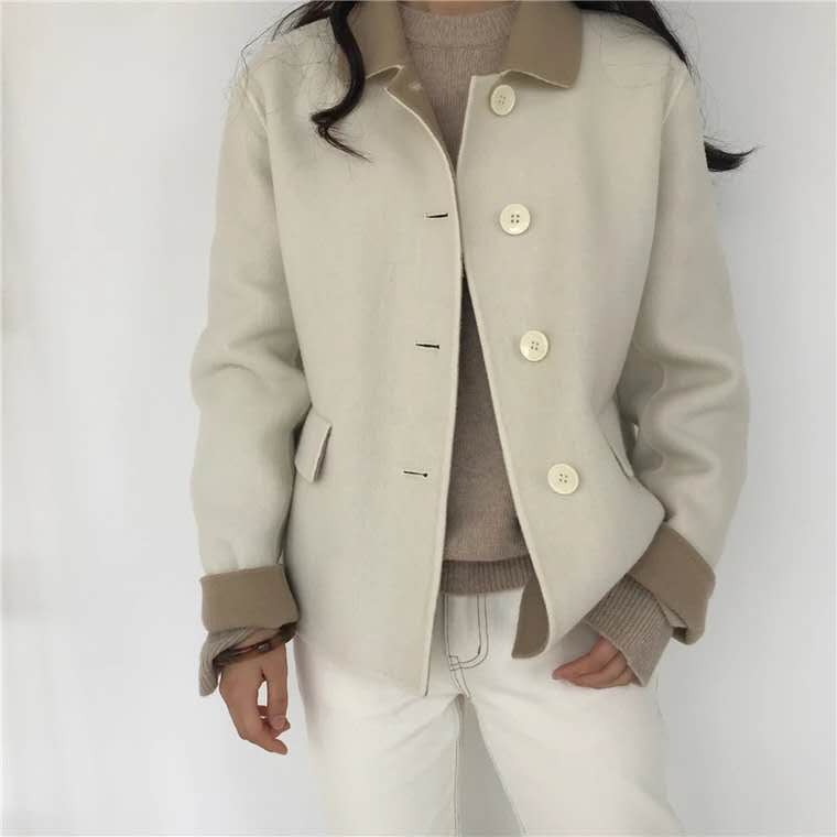 18 năm mới Hàn Quốc Dongdaemun hai mặt khâu tay áo len cashmere áo khoác len ngắn hai màu phù hợp với nữ áo khoác nữ