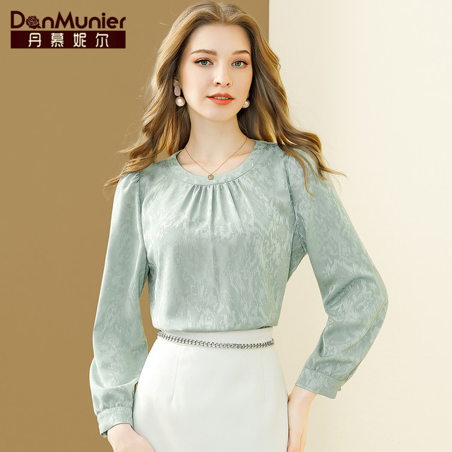 Dan Munier Green Commuting Fashion Jacquard Puff Sleeve Shirt Women's 2024 Spring New Temperament Versatile Top