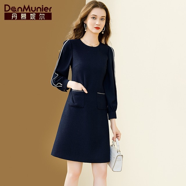 Dan Munier navy blue dress ແມ່​ຍິງ​ພາກ​ຮຽນ spring ແລະ​ດູ​ໃບ​ໄມ້​ລົ່ນ​ໃຫມ່​ແຂນ​ຍາວ temperament ແອວ slimming ສິ້ນ A-line