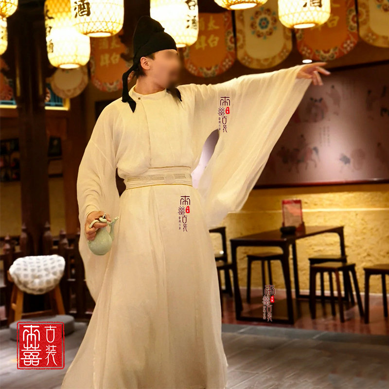 Film and Television Costume Tang Dynasty Li Bai's Drunkenly Reciting Poetry Style, Scholar-Poet Male Hanfu, Elegant and Heroic White Round-Neck Robe