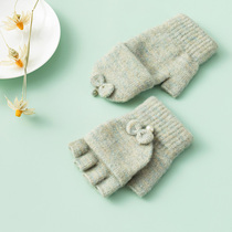 Pure color wool gloves winter women half finger flip warm half cut gloves female winter cute finger high school students