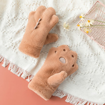 Plush bear paw gloves female winter cute Korean student cartoon hanging neck warm gloves Winter female plus velvet thickened