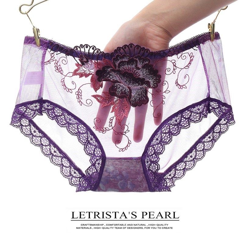 Cutout full transparent lace mesh print embroidered sheer briefs head low waist fabric thong female