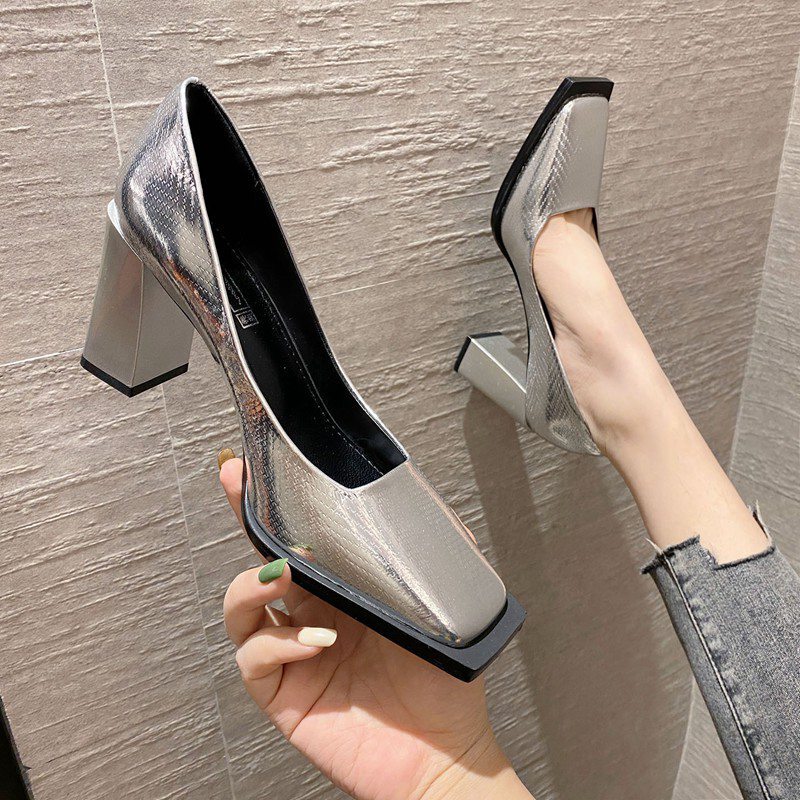 Fashionable Design Shallow Silver High Heels Ol Style Versatile Internet Celebrity Square Toe Chunky Heel Single Shoes for Women Spring 2025