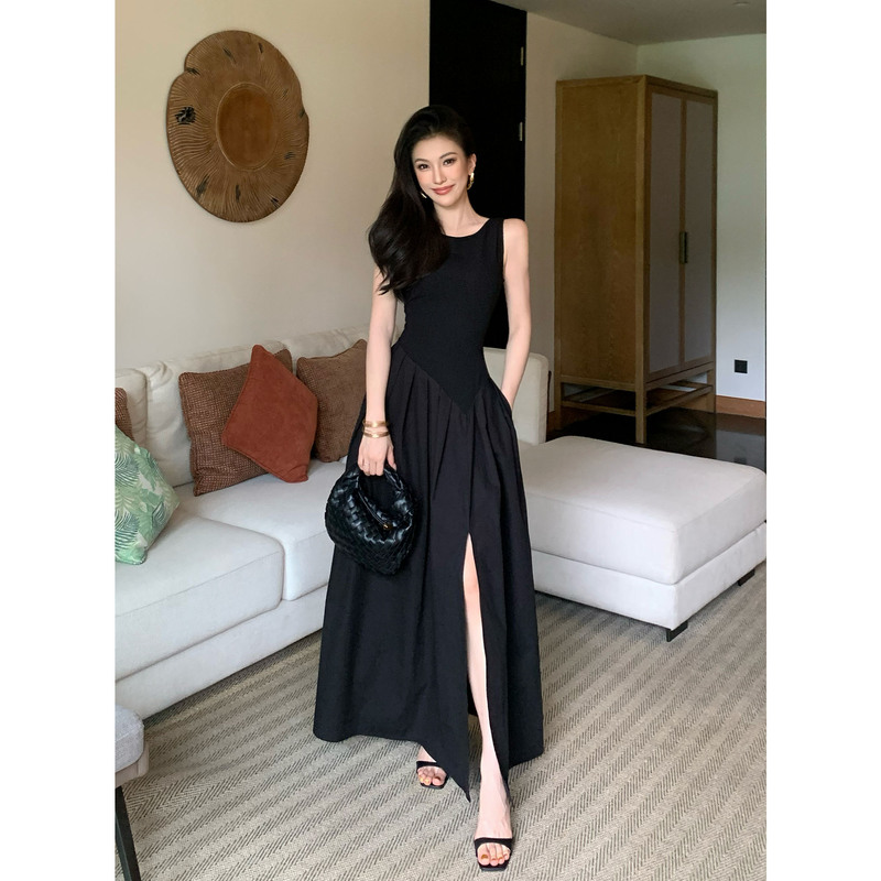 Jijinqi Summer Round-Neck Off-Shoulder Dress with a Waist-Cinching Design, Slimming Hepburn-Style Black Casual Elegant Niche Long Dress