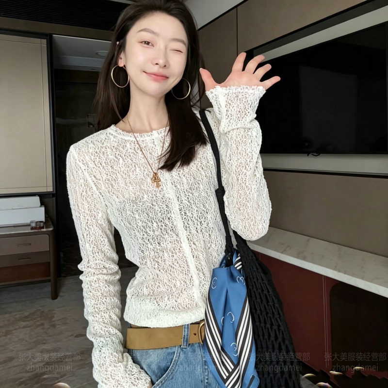 2026 Beautiful Clothing with Hollow-Out Round Neck, French-Style Lace Shirt with Floral Patterns, Lazy Vertical Lines, Long Sleeves, Versatile Base Shirt