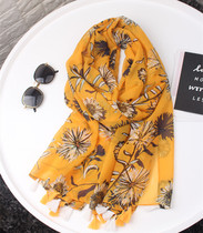 2019 spring new Japanese literary and artistic Joker cotton linen long gauze foreign trade yellow dandelion printing decorative scarf