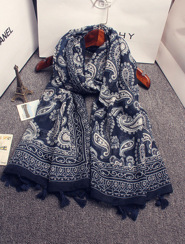 Foreign trade export vintage national style scarf wild sunscreen shawl handmade tassel navy blue cashew printed gauze towel