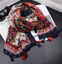New spring and summer scarf female ethnic style super large cotton and linen texture shawl Korean printed silk scarf long sunscreen