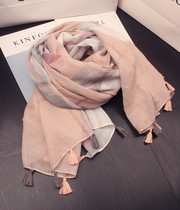 Super beautiful ~ foreign trade tail single elegant nude color watercolor flower tassel cotton linen scarf silk scarf