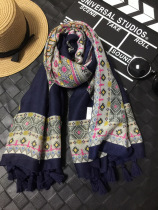 2016 autumn new vintage literary National style printed tassel fashion women shawl scarf dual use