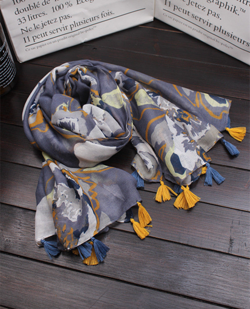 Foreign trade Original single new retro style Splash Ink Flowers Pattern Cotton Linen Scarves Fashion 100 Hitch Sunscreen Silk Scarves Shawl