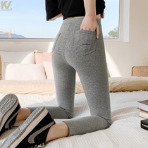 Pure cotton beating bottom pants female outside wearing spring and autumn thin pocket big code lifting hip 90% pants elastic display slim fit grey skinny pants