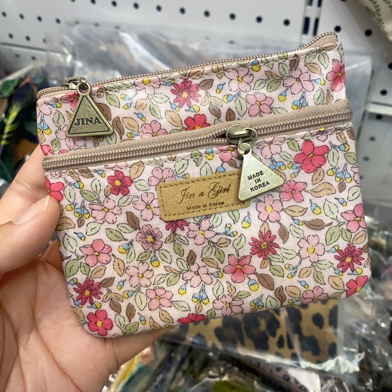 New Pink Floral Double Zipper Coin Purse 13×10cm Korean Dongdaemun Wing Stall Waterproof Bag