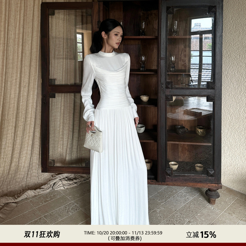 Venuie French Satin Long-Sleeved Dress White Birthday Engagement Light Dress Slim A-Line Long Skirt Venuie French Satin Long-Sleeved Dress White Birthday Engagement Light Dress Slim A-Line Long Skirt