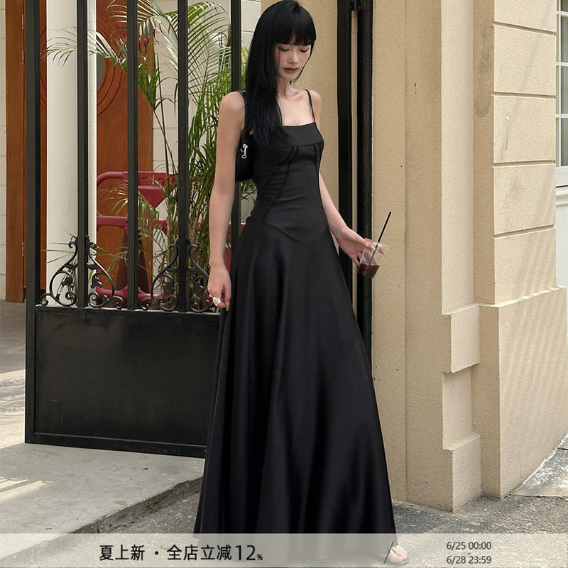 Venuie Black Spaghetti Strap Dress, French Style Elegant Gown, 1 Party Birthday Annual Meeting Satin High-End Long Dress Venuie Black Spaghetti Strap Dress, French Style Elegant Gown, 1 Party Birthday Annual Meeting Satin High-End Long Dress