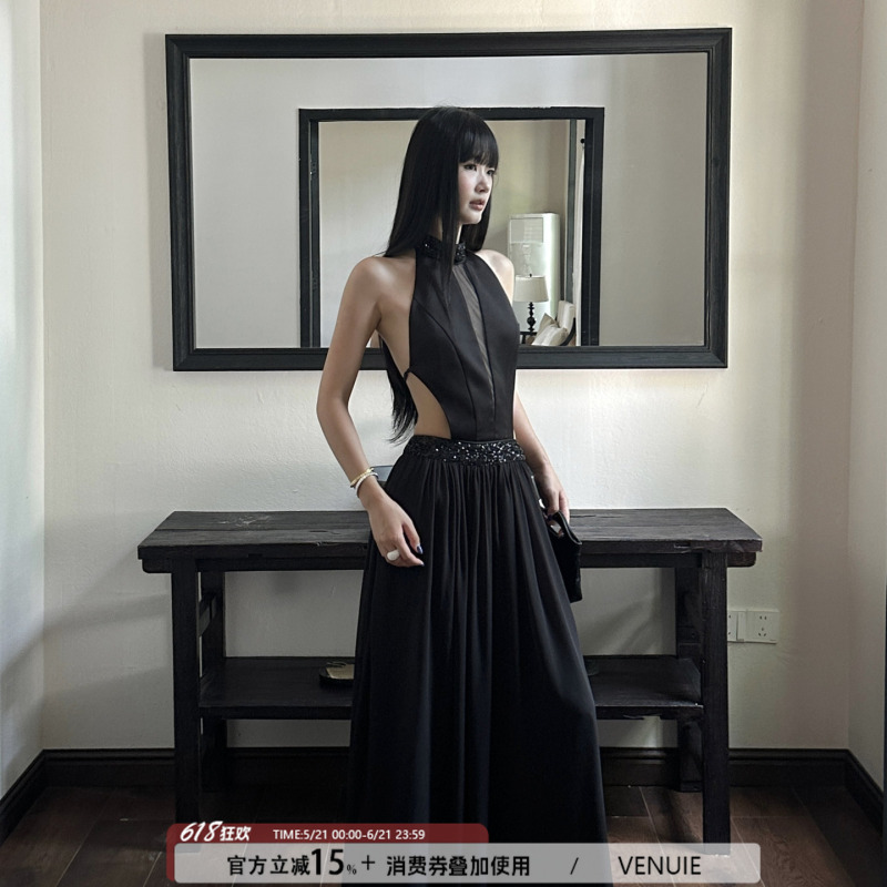 Venuie Sexy Black Mesh Sequin Splicing Halter Dress Birthday Coming-Of-Age Ceremony Dress Banquet Long Dress Venuie Sexy Black Mesh Sequin Splicing Halter Dress Birthday Coming-Of-Age Ceremony Dress Banquet Long Dress