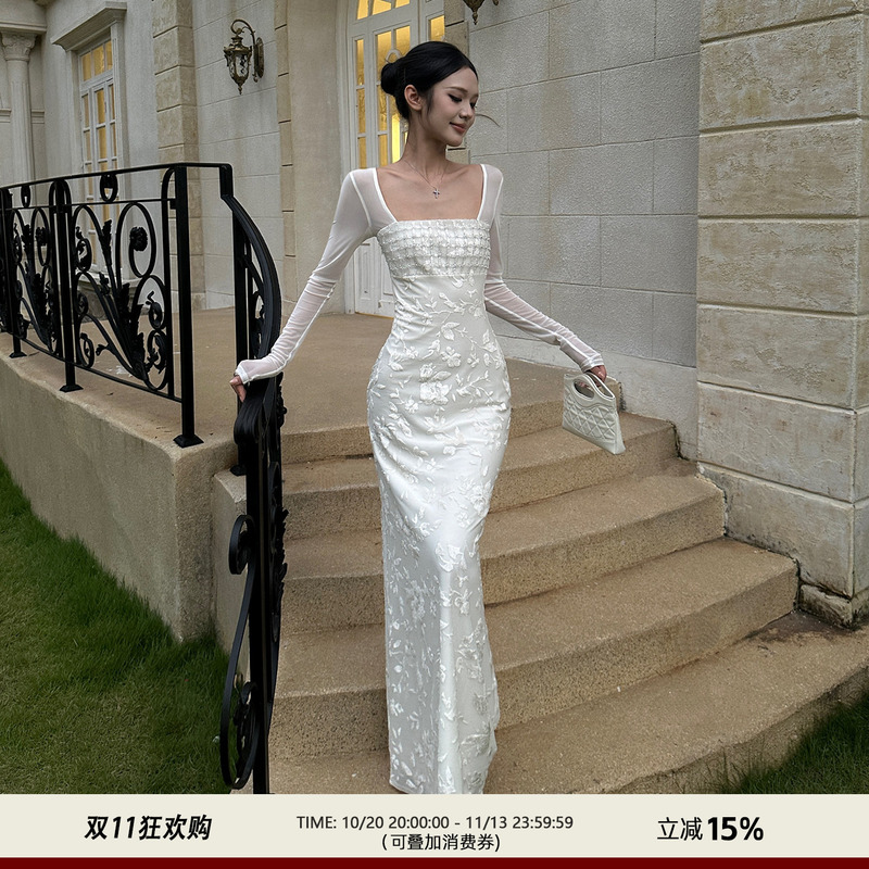 Venuie Gentle Off-White Square-Neck Long-Sleeve Dress with Heavy Sequins, Birthday Dress, Slim-Fit Holiday Long Dress Venuie Gentle Off-White Square-Neck Long-Sleeve Dress with Heavy Sequins, Birthday Dress, Slim-Fit Holiday Long Dress