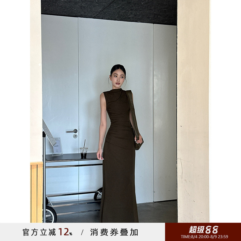 Venuie Stand-Up Collar Sleeveless Slim Dress Autum Elegant Pleated Half-High Collar Knitted Hip-Hugging A-Line Long Skirt for Women Venuie Stand-Up Collar Sleeveless Slim Dress Autum Elegant Pleated Half-High Collar Knitted Hip-Hugging A-Line Long Skirt for Women