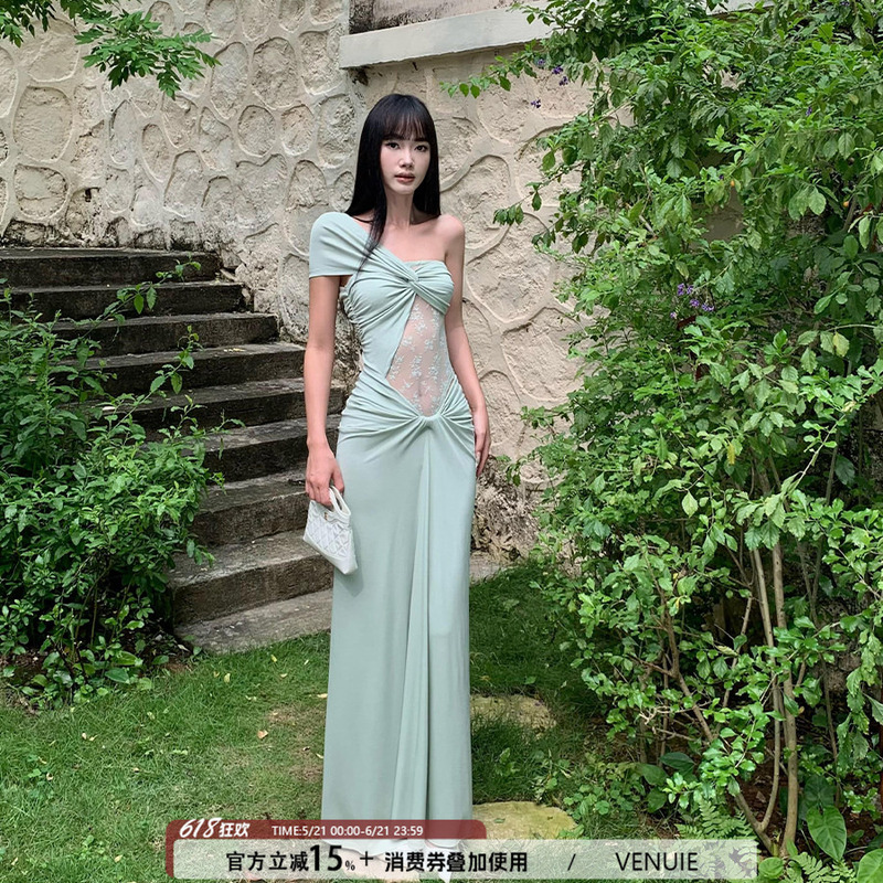 Venuie Bean Green Dress, Perfect for Beach Vacations and Photoshoots, Stunning Sanya French-Style Long Dress for Women