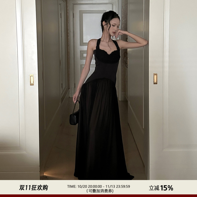 Venuie Black Satin Halter Dress Coming-Of-Age Ceremony Birthday Dress Large Hem Skirt Seaside Vacation Slimming Long Dress