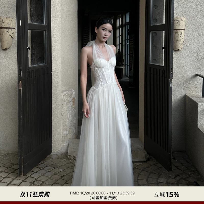 Venuie Heavy-Duty Mesh Halter Dress with Chest Pads, Coming-Of-Age Ceremony, Birthday, Engagement Dress, White Dress for Marriage Registration