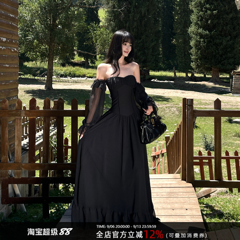 Venuie French Palace Style One-Shoulder Long-Sleeved Dress Black Birthday Dress Large A-Line Chiffon Long Skirt