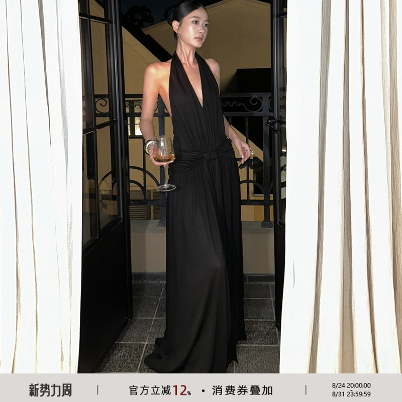Venuie French Hepburn Style Black V-Neck Halter Dress, Light Evening Dress, Long Birthday Backless Dress