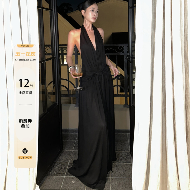 Venuie French Hepburn Style Black V-Neck Halter Dress, Light Evening Dress, Long Birthday Backless Dress