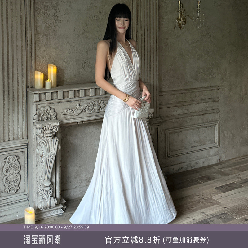 Venuie French Satin Elegant Long Dress for Seaside Vacation, Evening Dress, Deep V Halter Neck Dress Venuie French Satin Elegant Long Dress for Seaside Vacation, Evening Dress, Deep V Halter Neck Dress
