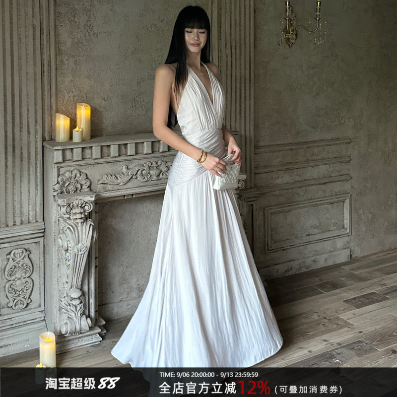 Venuie French Satin Elegant Long Dress for Seaside Vacation, Evening Dress, Deep V Halter Neck Dress