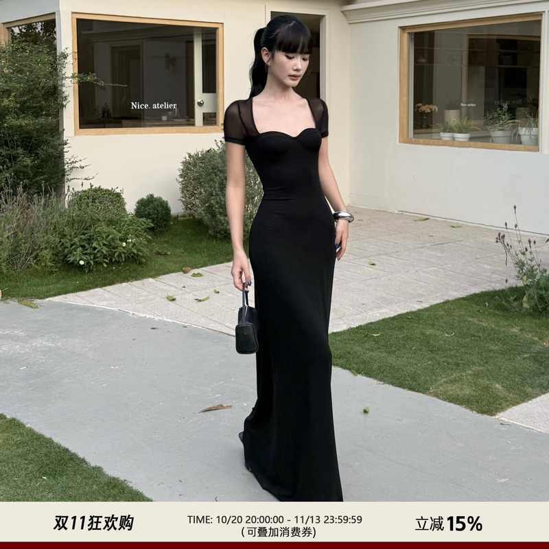 Venuie Hepburn-Style Black Waist-Cinching Dress Fishtail Skirt High-End Evening Dress Square-Neck Elegant Birthday Long Dress for Women