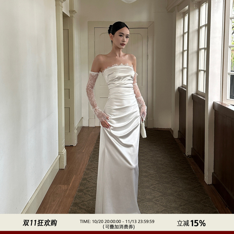 Venuie French Satin Annual Meeting Banquet Dress Strapless White Birthday Engagement Light Dress Graduation Long Dress