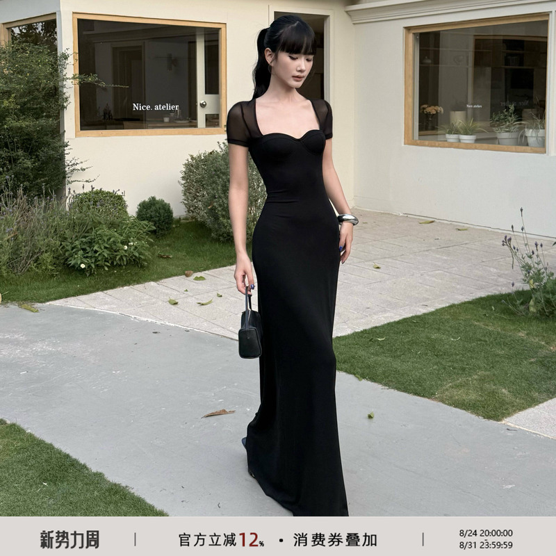 Venuie Hepburn-Style Black Waist-Cinching Dress Fishtail Skirt High-End Evening Dress Square-Neck Elegant Birthday Long Dress for Women