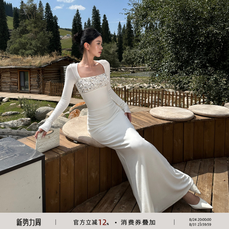 Venuie White Long-Sleeved Knitted Dress Square Neck Slim Fit Hip-Hugging Dress Birthday Party Light Dress Holiday Long Dress Venuie White Long-Sleeved Knitted Dress Square Neck Slim Fit Hip-Hugging Dress Birthday Party Light Dress Holiday Long Dress