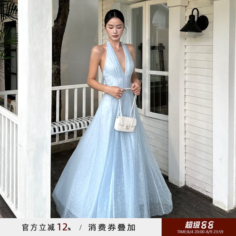 Venuie Blue Lace Halter Dress Deep V-Neck Waist-Cinching Elegant Long Dress Birthday Coming-Of-Age Ceremony Light Formal Dress for Women
