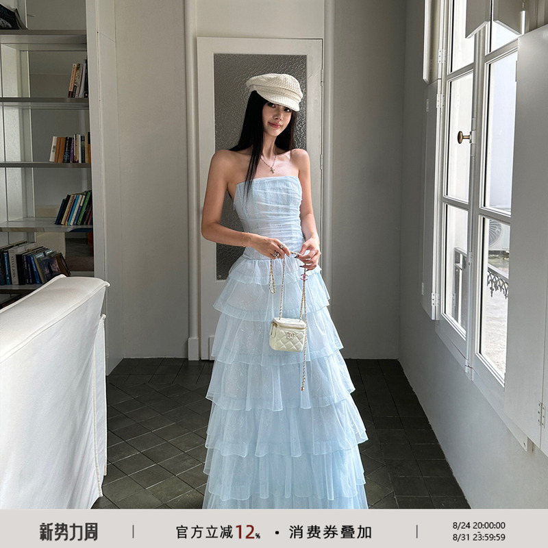 Venuie Light Blue Fishbone Tube Top Dress Cake Skirt Engagement Birthday Light Dress Seaside Vacation Long Dress Venuie Light Blue Fishbone Tube Top Dress Cake Skirt Engagement Birthday Light Dress Seaside Vacation Long Dress
