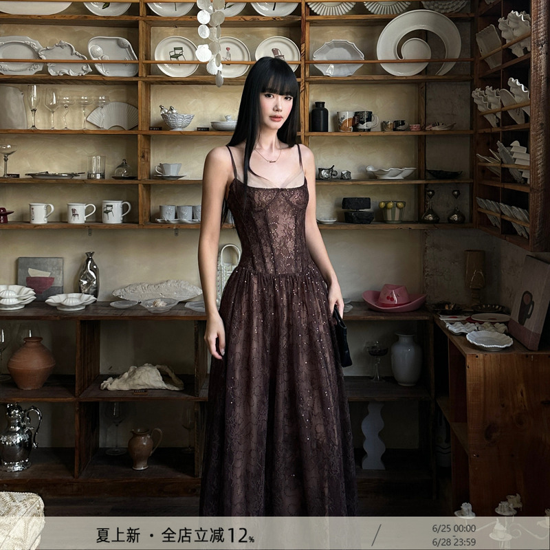 Venuie French-Style Light Luxury Lace Camisole Dress for Graduation, Coming-Of-Age Ceremony, Light Evening Dress, Long Dress for Women, Summer