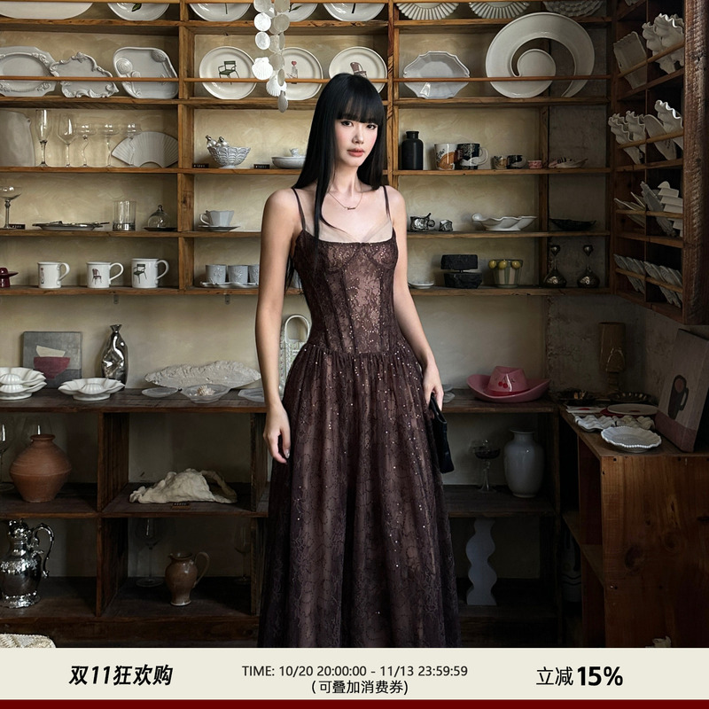 Venuie French-Style Light Luxury Lace Camisole Dress, Coffee Color, Birthday Coming-Of-Age Ceremony Light Evening Dress, Long Dress for Women, Summer Venuie French-Style Light Luxury Lace Camisole Dress, Coffee Color, Birthday Coming-Of-Age Ceremony Light Evening Dress, Long Dress for Women, Summer