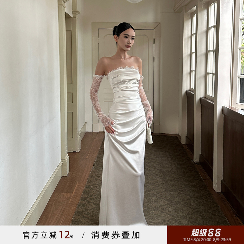 Venuie French Satin Annual Meeting Banquet Dress Strapless White Birthday Engagement Light Dress Graduation Long Dress Venuie French Satin Annual Meeting Banquet Dress Strapless White Birthday Engagement Light Dress Graduation Long Dress