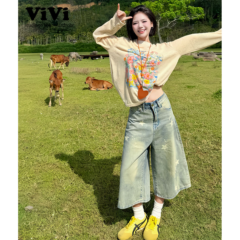 American Retro Wide-Leg Jeans for Women, Summer 2026 New High-Waisted Loose Slimming Shorts, Three-Quarter Straight Pants