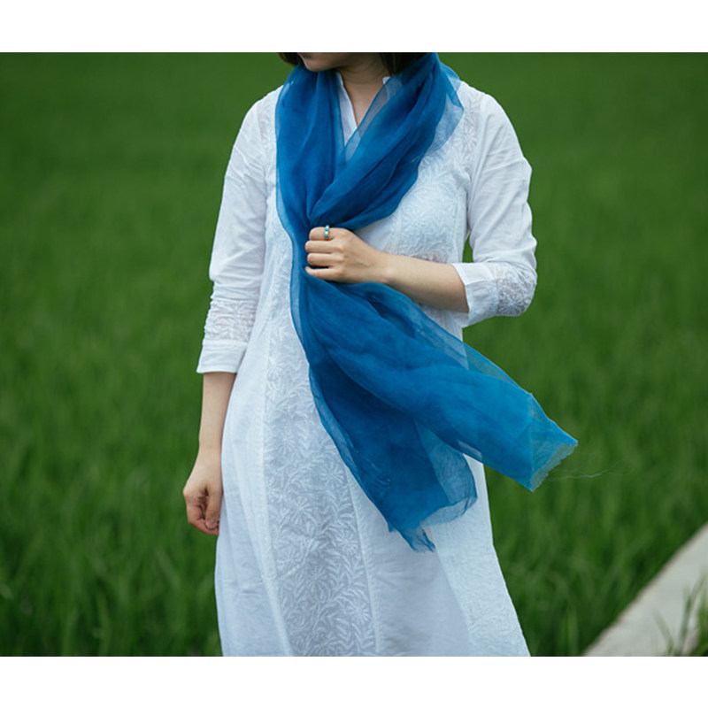 Blue Renewal White Family Gufazal Dyeing Real Silk-Crepe Net Blue Scarf Shawl Cape Pure Natural Blue Dye Plant Dyeing