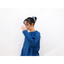 Blue sequel white family ancient fazal stained striped blouses long sleeve T-shirt pure handmade natural plant dyeing