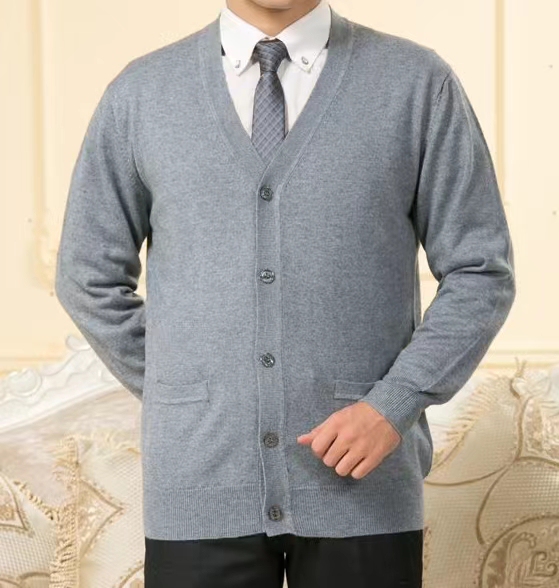 Spring and Autumn Men's V-Neck Knitted Cardigan for Middle-Aged and Elderly, Loose Fit, Large Size, Wool Sweater, Solid Color, Thin Cardigan