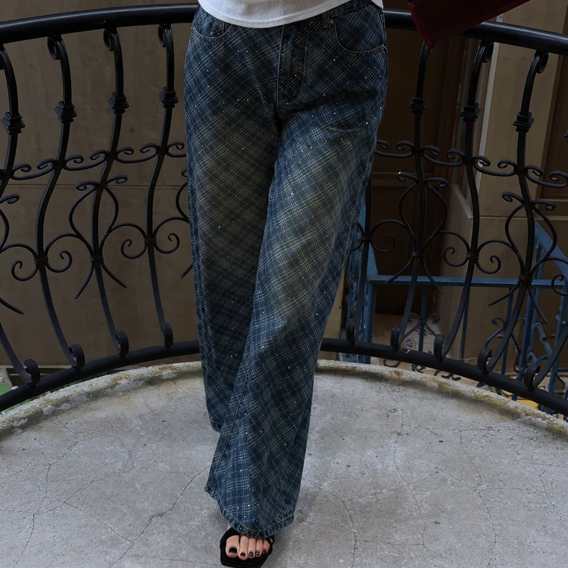 Me Lao Yang's Clothing Brand: Terrace Tencel Cotton Star-Patterned Rhinestone Slim-Fit Versatile Plaid Straight Blue Jeans